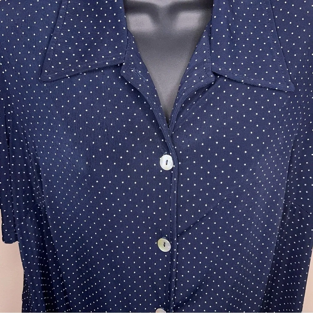 Vintage Medium Ronni Nicole Blue White Dot Print Short Sleeve Stretch Retro